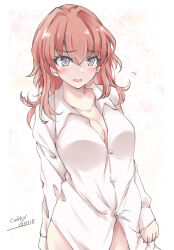 Rule 34 | 1girl, arashi (kancolle), artist name, breasts, cleavage, collared shirt, dated, dress shirt, gakky, grey eyes, highres, kantai collection, long hair, medium breasts, one-hour drawing challenge, red hair, shirt, simple background, solo, standing, white background, white shirt