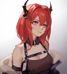 Rule 34 | 1girl, arknights, artist name, bare shoulders, breasts, cleavage, commentary, drid, gradient background, grey background, hair intakes, head tilt, highres, horns, infection monitor (arknights), medium breasts, medium hair, purple eyes, red hair, smile, solo, surtr (arknights), twitter username, upper body, white background