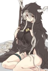 Rule 34 | 1girl, an fyhx, arknights, bare legs, barefoot, black cloak, black eyes, black one-piece swimsuit, breasts, cloak, closed mouth, commentary, demon horns, expressionless, hair between eyes, highres, holding, holding staff, hood, hood up, hooded cloak, horns, infection monitor (arknights), large breasts, long hair, looking at viewer, official alternate costume, one-piece swimsuit, shining (arknights), shining (silent night) (arknights), silver hair, simple background, sitting, solo, staff, swimsuit, swimsuit under clothes, thick thighs, thighs, torn cloak, torn clothes, white background, yokozuwari