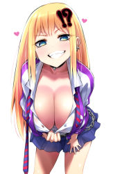 Rule 34 | !?, 1girl, blonde hair, blush, breasts, chain, choker, cleavage, clothes pull, earrings, green eyes, grin, heart, highres, jewelry, large breasts, leaning forward, long hair, looking at viewer, necktie, original, sharp teeth, shirt pull, simple background, skirt, smile, solo, striped neckwear, teeth, undone necktie, watarui, white background