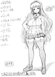 Rule 34 | 1girl, blunt bangs, blush, breasts, contrapposto, garter straps, hand on own hip, japanese text, loafers, long hair, looking at viewer, microskirt, monochrome, panties, pantyshot, red-rum, ribbed sweater, school uniform, shoes, skirt, solo, sweat, sweater, text focus, thighhighs, tomoe hanagasa, translation request, underwear, very long hair