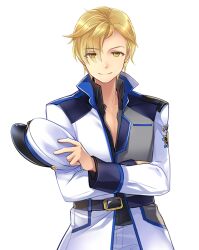 Rule 34 | 1boy, belt, belt buckle, black belt, black shirt, blonde hair, buckle, closed mouth, cowboy shot, crossed arms, emblem, game cg, hat, holding, holding clothes, holding hat, kanel (master of eternity), looking at viewer, male focus, master of eternity, military uniform, non-web source, official art, open clothes, open shirt, partially unbuttoned, sailor hat, shirt, simple background, smile, swept bangs, transparent background, uniform, white hat, white uniform, yellow eyes