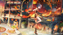 Rule 34 | 1girl, 1other, absurdres, animal ears, bear, bear ears, black hair, china dress, chinese clothes, cooking, dress, eyebrows hidden by hair, fingerless gloves, food, genshin impact, gloves, guoba (genshin impact), highres, li guai su, looking at viewer, looking back, open mouth, plate, short hair, smile, standing, standing on one leg, xiangling (genshin impact), yellow eyes