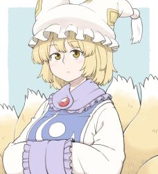 Rule 34 | 1girl, animal ears, blonde hair, blue background, border, brooch, closed mouth, dress, fox ears, fox tail, hands in opposite sleeves, jewelry, kitsune, long sleeves, looking at viewer, multiple tails, poronegi, short hair, solo, tabard, tail, touhou, white border, white dress, yakumo ran, yellow eyes