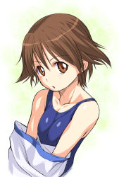Rule 34 | 1girl, brown eyes, brown hair, kouda tomohiro, looking at viewer, miyafuji yoshika, open mouth, school swimsuit, short hair, solo, strike witches, swimsuit, undressing, world witches series