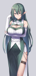Rule 34 | 1girl, absurdres, bare shoulders, blush, breasts, cleavage, cleavage cutout, clothing cutout, dress, elbow gloves, elf, fingerless gloves, gloves, green dress, green eyes, green hair, hair between eyes, hair ornament, highres, ibuki notsu, large breasts, long hair, looking at viewer, original, pointy ears, side slit, smile, solo, thigh strap, thighs, white gloves