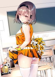 Rule 34 | 1girl, ass, ball, bare arms, bare shoulders, black hairband, blush, breasts, brown eyes, brown hair, chair, chalkboard, cheerleader, classroom, clothes lift, commentary request, cowboy shot, crop top, dutch angle, hairband, highres, indoors, kobayashi chisato, lifted by self, looking at viewer, medium breasts, miniskirt, orange shirt, orange skirt, original, panties, parted lips, pleated skirt, pom pom (cheerleading), shirt, short hair, sidelocks, signature, skindentation, skirt, skirt lift, sleeveless, sleeveless shirt, soccer ball, solo, standing, sunlight, thighhighs, thighs, underbutt, underwear, white panties, white thighhighs, wristband