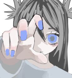 Rule 34 | 1girl, black hair, blue eyes, blue nails, expressionless, hand up, highres, long hair, long sleeves, looking at viewer, nail polish, one eye covered, original, pale color, parted lips, portrait, reaching, reaching towards viewer, simple background, solo, straight-on, straight hair, two side up, urokogaran, white background