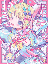 Rule 34 | 1girl, blonde hair, blue bow, blue eyes, blue hair, blue serafuku, blue skirt, bow, bowtie, chouzetsusaikawa tenshi-chan, commentary, hair bow, highres, knife, long hair, multicolored hair, needy girl overdose, one eye closed, open mouth, pink bow, pink hair, pleated skirt, purple bow, quad tails, school uniform, serafuku, skirt, smile, symbol-only commentary, tamagotchi, twintails, very long hair, yellow bow, yellow bowtie, yumenouchi chiharu