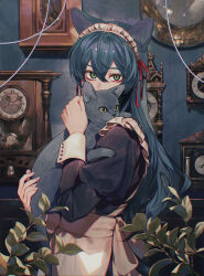 Rule 34 | 1girl, absurdres, animal, animal ears, apron, black cat, black dress, black hair, cat, cat ears, cat girl, cat tail, clock, decorations, dress, fingernails, green eyes, hair between eyes, highres, holding, holding animal, holding cat, itou (very ito), leaf, long hair, long sleeves, looking at viewer, maid, maid apron, maid headdress, original, plant, solo, standing, tail, upper body