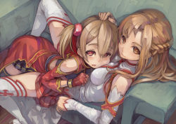 Rule 34 | 10s, 2girls, asuna (sao), bare shoulders, black legwear, blush, braid, breasts, brown eyes, brown hair, closed mouth, couch, crown braid, detached sleeves, female focus, fingerless gloves, from above, gloves, hair ornament, hair ribbon, hand on another&#039;s head, long hair, looking at viewer, lying, lying on person, medium breasts, multiple girls, on back, open mouth, red eyes, ribbon, short hair, silica, skirt, smile, spread legs, suzuno (bookshelf), sword art online, thighhighs, twintails, white thighhighs