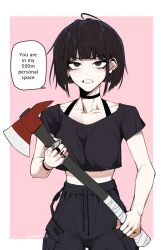 Rule 34 | 1girl, annoyed, axe, black eyes, black hair, black shirt, bob cut, border, breasts, choker, clenched teeth, collarbone, commentary, cowboy shot, cowlick, crop top, cropped shirt, drawstring, ear piercing, english commentary, english text, fire axe, highres, holding, holding axe, j.k., jewelry, june kim, looking at viewer, medium breasts, original, piercing, pink background, pocket, ring, shirt, short hair, short sleeves, shorts, simple background, solo, speech bubble, teeth, twitter username, white border