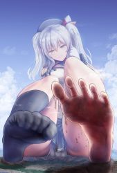 Rule 34 | 1girl, absurdres, barefoot, beret, black hat, blue eyes, breasts, closed mouth, cloud, cloudy sky, day, destruction, dre (neonsign), epaulettes, feet, foot focus, frilled sleeves, frills, giant, giantess, gloves, grey skirt, hat, highres, jacket, kantai collection, kashima (kancolle), large breasts, long hair, looking at viewer, outdoors, panties, red neckwear, silver hair, single sock, size difference, skirt, sky, smile, socks, solo, toes, twintails, underwear, white gloves, white jacket, white panties