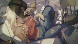 Rule 34 | 1girl, absurdres, animal ears, baseball cap, blonde hair, boots, bracelet, cat ears, cat tail, chair, character request, dark skin, denim, final fantasy, final fantasy xiv, hat, highres, jeans, jewelry, kyo (kuroichigo), long hair, navel, pants, sitting, solo, tail, torn clothes, torn jeans, torn pants, warrior of light (ff14)