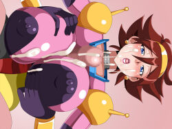 Rule 34 | 1boy, 1girl, blue eyes, bodysuit, breasts, breasts squeezed together, brown hair, censored, covered erect nipples, cum, cum on body, cum on breasts, cum on clothes, cum on upper body, facial, geafcart, gundam, huge breasts, nipples, paizuri, paizuri over clothes, penis