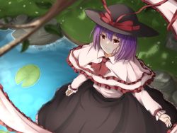 Rule 34 | 1girl, ascot, black hat, black skirt, blouse, blurry, blurry foreground, bow, branch, capelet, closed mouth, frilled capelet, frilled shawl, frills, from above, hat, hat bow, hatoman (ytef4434), highres, lily pad, long sleeves, nagae iku, outdoors, purple hair, red ascot, red bow, red eyes, shawl, shirt, short hair, skirt, smile, solo, touhou, water, white capelet, white shirt