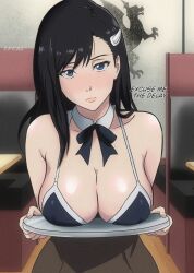 Rule 34 | 1girl, apron, black hair, blue eyes, breast rest, breasts, breasts on tray, burn the witch, cafe, carried breast rest, carrying, english text, hair ornament, highres, holding, holding tray, indoors, large breasts, niihashi noel, plate, restaurant, shy, solo, topless, tray, waitress