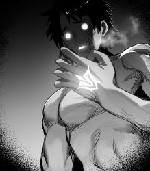 Rule 34 | 1boy, absurdres, command spell, completely nude, fate/grand order, fate (series), fujimaru ritsuka (male), glowing, glowing eyes, glowing tattoo, gradient background, greyscale, heavy breathing, highres, hxd, male focus, monochrome, muscular, nude, short hair, solo, spiked hair