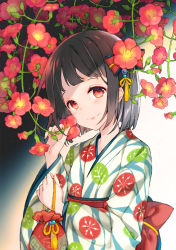 Rule 34 | 1girl, bow, brown hair, closed mouth, collarbone, commentary request, fingernails, flower, hair bow, hair flower, hair ornament, head tilt, highres, holding, holding flower, japanese clothes, juna, kimono, kinchaku, long hair, long sleeves, looking at viewer, obi, original, pouch, print kimono, red bow, red eyes, sash, smile, solo, white kimono, wide sleeves