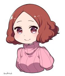 Rule 34 | 10s, 1girl, blush, brown eyes, brown hair, commentary request, do m kaeru, highres, okumura haru, persona, persona 5, pink sweater, ribbed sweater, short hair, smile, solo, sweater, twitter username, upper body