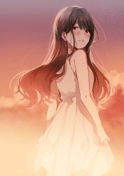 Rule 34 | 1girl, bare shoulders, blush, brown eyes, brown hair, cloud, crying, crying with eyes open, dress, earrings, hanako151, highres, jewelry, long hair, looking at viewer, looking back, original, outdoors, parted lips, sky, sleeveless, sleeveless dress, smile, solo, standing, sunlight, sunset, tears, white dress