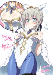 Rule 34 | 2girls, ahoge, animal ears, artoria pendragon (all), artoria pendragon (fate), artoria pendragon (swimsuit ruler) (fate), artoria pendragon (swimsuit ruler) (fate) (cosplay), bare shoulders, black ribbon, blonde hair, blue neckwear, blue pantyhose, blush, braid, breasts, chili-tomato (gekikaraya), cleavage, clothing cutout, collarbone, commentary request, cosplay, dated, fake animal ears, fate/grand order, fate (series), fishnet legwear, fishnets, flying sweatdrops, french braid, from below, gray (fate), green eyes, hair ribbon, head out of frame, highleg, highleg leotard, highres, large breasts, leotard, lord el-melloi ii case files, medium breasts, multiple girls, navel cutout, necktie, pantyhose, playboy bunny, rabbit ears, ribbon, short hair, short necktie, signature, smile, solo focus, thought bubble, translation request, white leotard, wrist cuffs