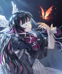 Rule 34 | 1girl, black hair, bug, butterfly, cat princess, closed eyes, closed mouth, coat, columbina (genshin impact), commentary request, eye mask, fur coat, genshin impact, hand up, head wings, insect, light smile, multicolored hair, purple hair, ribbon, solo, two-tone hair, white ribbon, wings, wrist ribbon