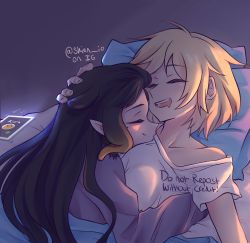 Rule 34 | 2girls, blonde hair, breasts, closed eyes, closed mouth, commentary, commentary request, drooling, english commentary, english text, gradient hair, hand on another&#039;s head, highres, hololive, hololive english, instagram username, long hair, messy hair, mole, mole under eye, multicolored hair, multiple girls, ninomae ina&#039;nis, open mouth, orange hair, pillow, pointy ears, purple hair, shian io, short hair, sleeping, teeth, tentacle hair, virtual youtuber, watson amelia, yuri