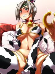 Rule 34 | 10s, 1girl, alternate costume, animal ears, animal print, bell, neck bell, blush, breasts, chitose (kancolle), choker, clenched hand, collar, commentary request, cow ears, cow girl, cow print, cow tail, elbow gloves, gloves, grey hair, headband, horns, jewelry, kantai collection, kobamiso (kobalt), large breasts, long hair, looking at viewer, navel, out of frame, pillow, ponytail, ring, single horn, sitting, solo focus, spread legs, swimsuit, tail