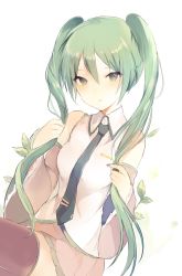 Rule 34 | 1girl, aqua eyes, aqua hair, bare shoulders, black thighhighs, blush, breasts, detached sleeves, hatsune miku, long hair, looking at viewer, lpip, necktie, simple background, skirt, solo, thighhighs, vocaloid, white background