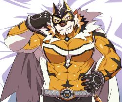 Rule 34 | 1boy, animal ears, bara, bed sheet, beige fur, bodysuit, bulge, cape, covered abs, covered navel, facial hair, furry, furry male, goatee, grau39, hand on own hip, large pectorals, live a hero, male focus, medium hair, muscular, orange bodysuit, orange eyes, orange fur, pectorals, ryekie (live a hero), skin tight, solo, tiger boy, tiger ears, two-tone fur, upper body, white cape