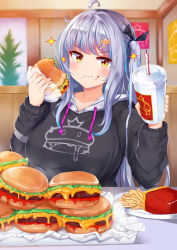 Rule 34 | 1girl, :t, ahoge, black hoodie, black ribbon, blue hair, blurry, blurry background, breasts, brown eyes, closed mouth, commentary request, cup, depth of field, disposable cup, drawstring, drinking straw, eating, fast food, food, food on face, french fries, hair ornament, hair ribbon, hairclip, burger, holding, holding food, hood, hood down, hoodie, indoors, irohara, long hair, long sleeves, looking at viewer, medium breasts, multicolored hair, one side up, original, print hoodie, ribbon, silver hair, solo, sparkle, streaked hair, upper body, v-shaped eyebrows, very long hair, wavy mouth, yellow eyes