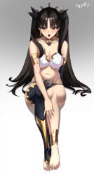 Rule 34 | 1girl, absurdres, armlet, barefoot, bikini, black hair, black thighhighs, bracelet, breasts, cleavage, detached sleeves, earrings, fate/grand order, fate (series), gold trim, hair ribbon, highres, hoop earrings, ishtar (fate), jewelry, kurozawa yui, large breasts, legs, long hair, looking at viewer, mismatched bikini, nail polish, neck ring, open mouth, parted bangs, red eyes, ribbon, single detached sleeve, single thighhigh, sitting, solo, swimsuit, thighhighs, thighlet, tiara, two side up