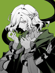 Rule 34 | 1boy, braid, chinese commentary, cloak, crying, dungeon meshi, elf, gorget, green background, green cloak, heterostasis, highres, hood, hooded cloak, long sleeves, looking at viewer, male focus, medium hair, mithrun, partially colored, pointy ears, simple background, snake, solo, tears, wavy hair