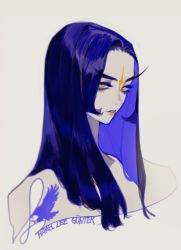 Rule 34 | 1girl, blue hair, commentary, english commentary, facial mark, forehead mark, grey background, long hair, looking at viewer, original, pale skin, parted lips, pigeon666, portrait, signature, simple background, solo, yellow eyes, yellow lips