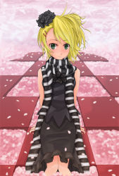 Rule 34 | 00s, 1girl, bad id, bad pixiv id, blonde hair, blush, dress, face, green eyes, hair ornament, hairclip, hoshii miki, idolmaster, idolmaster (classic), miomio, petals, scarf, sitting, smile, solo, striped clothes, striped scarf