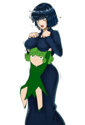 Rule 34 | 2girls, blue hair, breasts, contrast, fubuki (one-punch man), green eyes, green hair, large breasts, multiple girls, one-punch man, open mouth, short hair, siblings, simple background, sisters, tatsumaki, the golden smurf, thighs, white background