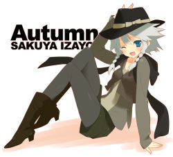 Rule 34 | 1girl, alternate costume, arm support, blue eyes, boots, braid, casual, contemporary, female focus, gayarou, hat, high heel boots, high heels, highres, izayoi sakuya, one eye closed, pantyhose, shoes, short hair, silver hair, sitting, solo, touhou, twintails, wink