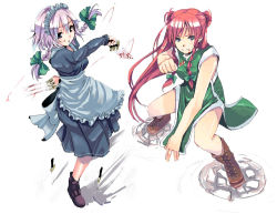 Rule 34 | 2girls, between fingers, blood, blood on face, braid, china dress, chinese clothes, dress, female focus, hamayumiba sou, holding, hong meiling, izayoi sakuya, knife, maid, multiple girls, red hair, throwing knife, touhou, twin braids, twintails, weapon
