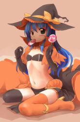 Rule 34 | 1girl, alternate color, asymmetrical legwear, bikini, bikini top only, black bikini, black hat, black skirt, black thighhighs, blue hair, blush, boots, bow, candy, capelet, commentary request, elbow gloves, emurin, flat chest, food, full body, gloves, green eyes, hair between eyes, hat, hat bow, holding, holding candy, holding food, holding lollipop, lollipop, long hair, looking at viewer, mage (ragnarok online), majiko (emurin), midriff, mismatched legwear, navel, orange capelet, orange footwear, orange thighhighs, pelvic curtain, ragnarok online, showgirl skirt, sitting, skirt, solo, swimsuit, swirl lollipop, thighhighs, wariza, witch hat, yellow bow