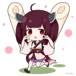 Rule 34 | 1girl, ahoge, black footwear, chestnut mouth, chibi, chikuwa, colored shadow, commentary request, double v, food, hands up, headgear, japanese clothes, kimono, mitya, obi, open mouth, pleated skirt, purple hair, purple skirt, red eyes, sandals, sash, shadow, short sleeves, skirt, socks, solo, tabi, touhoku kiritan, twintails, twitter username, v, voiceroid, white background, white kimono, white socks, wide sleeves, zouri