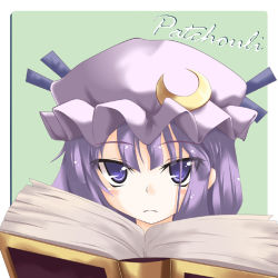 Rule 34 | 1girl, bad id, bad pixiv id, blush, book, character name, crescent, crescent hair ornament, female focus, green background, hair ornament, hat, looking at viewer, mob cap, ogami kazuki, patchouli knowledge, purple eyes, purple hair, serious, simple background, solo, touhou, tsurime