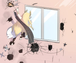 Rule 34 | 1girl, akaoni (zumt3548), azur lane, black legwear, blonde hair, commentary request, crack, cracked wall, from behind, hole in wall, long hair, peeking, rock climbing, sketch, solo, victorious (azur lane), wall, window