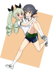 Rule 34 | 10s, 2girls, anchovy (girls und panzer), ass, black hair, blush, breasts, brown hair, carrying, collarbone, drill hair, girls und panzer, green hair, gym uniform, hair ornament, hair ribbon, highres, multiple girls, open mouth, paper, pepperoni (girls und panzer), princess carry, red eyes, ribbon, ruka (piyopiyopu), small breasts, socks, translated, white legwear