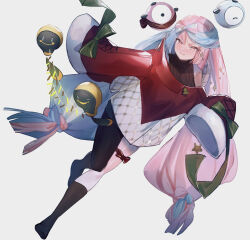 Rule 34 | 1girl, absurdres, black pantyhose, blue hair, bow-shaped hair, closed mouth, creatures (company), full body, game freak, green ribbon, highres, iono (pokemon), jacket, long hair, long sleeves, looking at viewer, multicolored hair, nintendo, pantyhose, pink eyes, pink hair, pokemon, pokemon sv, red jacket, ribbon, ryuuji teitoku, simple background, single leg pantyhose, sleeves past fingers, sleeves past wrists, smile, tadbulb, twintails, two-tone hair, very long hair, white background, wide sleeves