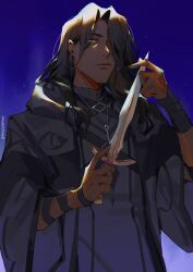 Rule 34 | 1boy, absurdres, bandaged wrist, bandages, black cloak, black hair, cloak, d4ggerfish, dagger, dark-skinned male, dark skin, facial hair, fire emblem, fire emblem engage, hair over eyes, highres, holding, holding knife, holding weapon, jewelry, key, key necklace, knife, looking to the side, male focus, medium hair, necklace, nintendo, stubble, weapon, yellow eyes, zelkov (fire emblem)