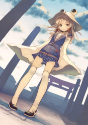 Rule 34 | 1girl, adapted costume, bad id, bad pixiv id, blonde hair, bow, brown eyes, cloud, day, dutch angle, female focus, from below, hair ribbon, hat, kaito (k4itoh), legs, looking at viewer, looking down, moriya suwako, outdoors, over-kneehighs, pigeon-toed, ribbon, shrine, sky, sleeves past wrists, smile, solo, thighhighs, torii, touhou, white thighhighs, wide sleeves