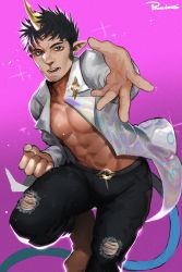 Rule 34 | 1boy, abs, artist name, bara, bare pectorals, black hair, black pants, boots, clenched hand, collared shirt, earrings, highres, horns, idol, jewelry, large pectorals, looking at viewer, male focus, muscular, muscular male, open clothes, open mouth, open shirt, original, outstretched arm, pants, pectorals, pointy ears, powerlesssong, reaching, shirt, short hair, sideburns, single horn, solo, torn clothes, torn pants, white shirt