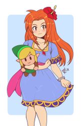 Rule 34 | 1girl, :3, absurdres, blue dress, blush, bracelet, character doll, closed mouth, collarbone, dress, flower, hair flower, hair ornament, highres, holding, holding stuffed toy, jewelry, link, long hair, looking at viewer, marin (zelda), necklace, nintendo, orange eyes, orange hair, smile, stuffed toy, taggo, the legend of zelda, the legend of zelda: link&#039;s awakening, very long hair