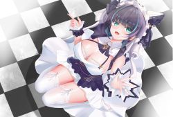 Rule 34 | 1girl, absurdres, animal ears, apron, aqua eyes, aqua hair, aqua nails, azur lane, bare shoulders, breasts, checkered floor, cheshire (azur lane), cleavage, detached sleeves, dress, fake animal ears, fang, frilled hairband, frilled ribbon, frills, from above, full body, garter straps, hairband, highres, kanesada dp, large breasts, looking at viewer, looking up, maid, maid headdress, multicolored hair, nail polish, puffy detached sleeves, puffy sleeves, purple apron, purple hair, ribbon, solo, streaked hair, thighhighs, two-tone hair, white dress, white thighhighs, wrist cuffs